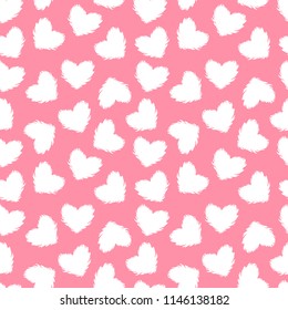 Vector white fluffy heart seamless pattern isolated on pink background.