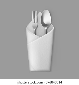 Vector White Folded Envelope Napkin with Silver Fork and Spoon Top View Isolated on Background. Table Setting