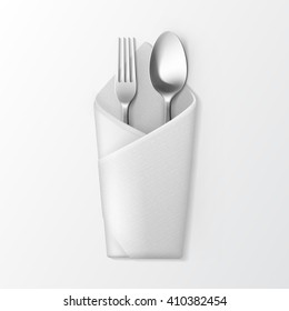 Vector White Folded Envelope Napkin with Silver Fork and Spoon Top View Isolated on White Background. Table Setting