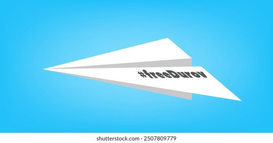 Vector de papel doblado blanco para niños 3d avión con inscripción libre Durov. Avión volador. Libertad. Fondo azul.