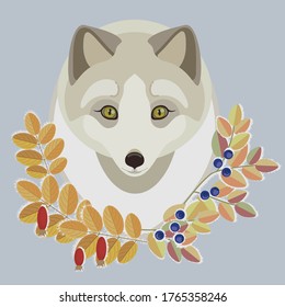 Cabeza de zorro blanco vectorial con una corona de arándanos y caderas de rosas cubiertas de helado.