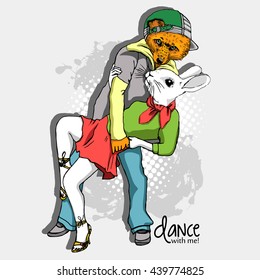 Vector white fox-boy and rabbit-girl. Hand drawn illustration of dressed bunny and fox. Dancing.