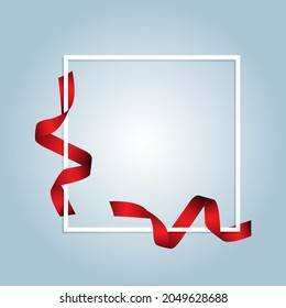 Vector. White frame line with red satin ribbon, square frame on light blue background. Template for a certificate, banner with copy space for advertising and typographic products.
