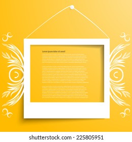 Vector white frames on the yellow wall. Picture frame and shadow with Floral ornament