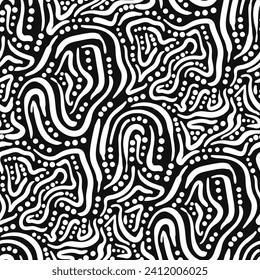 vector white freeform line and dot seamless pattern on black.
