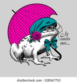 Vector white frog in a hat, rose and pink umbrella. Hand drawn illustration of dressed frog.