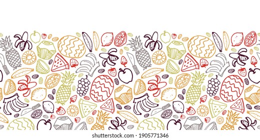 Vektor-weiße Früchte handgezeichnet Doodle wiederholen horizontale Grenze mit Ananas, Wassermelone, Daten, Erdbeere, Kokosnuss. Ideal für die Verzierung von gesunden Saft-Menüs und Rezepten.