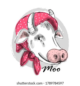 Vector white funny cow. Print on T-shirts, bags and other fashion products. Design children's clothing and accessories. Applique, patch.
