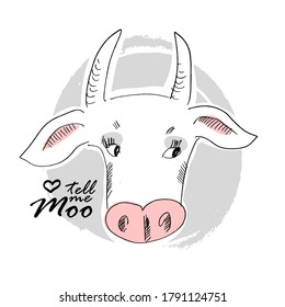 Vector white funny cow. Print on T-shirts, bags and other fashion products. Design children's clothing and accessories. Applique, patch.