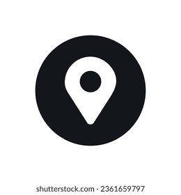 Vector White Geolocation Icon Flat Design in Black Circle. Pinpoint Symbol for Web, GPS Navigator, Apps, Business Card, Logo.