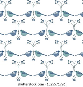 Vector white geometric birds berries seamless pattern background. Perfect for invitation, greeting cards 