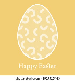 Vector white geometric lace Easter Egg silhouette on yellow background.  Monochrome decorative greeting card design with Happy easter text.