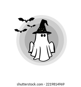 vector white ghost wearing witch hat and flying bat, sticker for halloween party