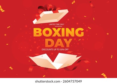 vector a white gift box with a red ribbon opens with the text happy boxing day surprise on a beautiful elegant brown maroon light background