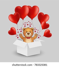 Vector white gift box with red heart balloons and teddy bear. Happy Valentine's illustration