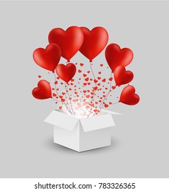 Vector white gift box with red heart balloons. Greeting gift for happy valentine's day