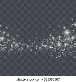 Vector white glitter particles background effect for luxury greeting rich card. Sparkling texture. Star dust sparks in explosion on black background.
