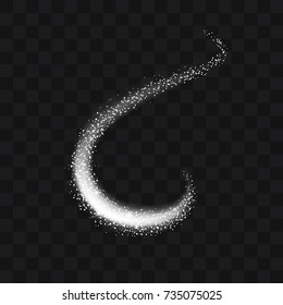 Vector white glitter trail particles background effect for luxury greeting rich card. Sparkling texture. Star dust sparks in explosion on black background. Use for your product element.