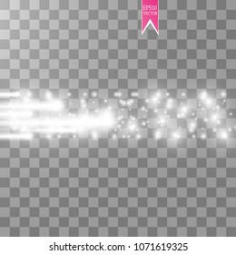 Vector white glitter wave abstract illustration. White star dust trail sparkling particles and speed lines isolated on transparent background. Magic concept