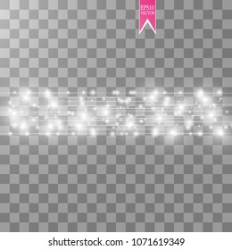 Vector white glitter wave abstract illustration. White star dust trail sparkling particles and speed lines isolated on transparent background. Magic concept