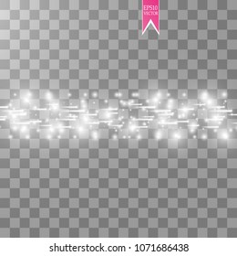 Vector white glitter wave abstract illustration. White star dust trail sparkling particles and speed lines isolated on transparent background. Magic concept