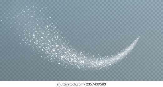 Vector white glitter wave abstract illustration. White star dust trail sparkling particles isolated on transparent background. Magic concept