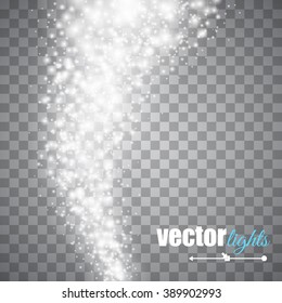 Vector white glitter wave abstract background. White glittering star dust trail sparkling particles on transparent background. Magic glow background