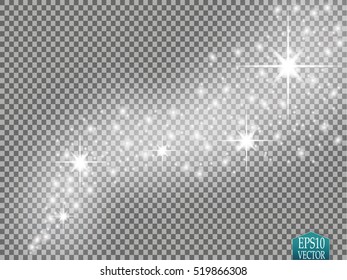 Vector white glitter wave abstract illustration. White star dust trail sparkling particles isolated on transparent background. Magic concept