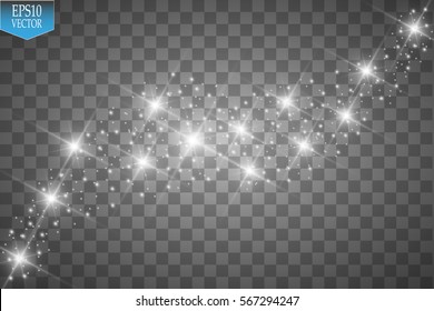 Vector white glitter wave abstract illustration. White star dust trail sparkling particles isolated on transparent background. Magic concept for Christmas and New Year.