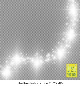 Vector white glitter wave abstract illustration. White stars dust trail sparkling particles isolated on transparent background. Magic concept