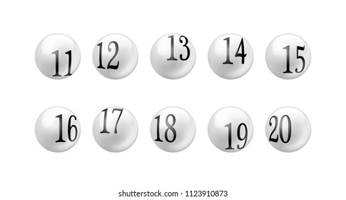 Vector white glossy spheres lotto balls with numbers isolated. Number from 11 to 20 Set.