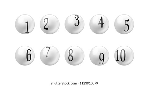 Vector white glossy spheres lotto balls with numbers isolated. Number from 1 to 10 Set.