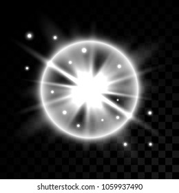 Vector white glowing lights on transparent background. Special effect light rays. Spark, star burst, flash. Spotlight flare. Illumination.