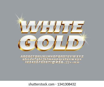 Vector White And Gold Alphabet Letters, Numbers And Symbols. Chic 3D Font