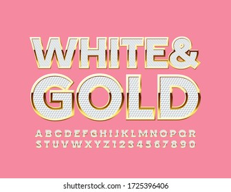 Vector White and Gold Beautiful Font. Elegant chic Alphabet Letters and Numbers