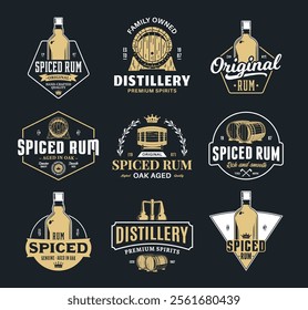 Vector white and gold rum logo isolated on a black background. Rum vintage badges. Distilling business branding and identity design elements