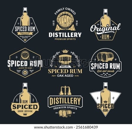 Vector white and gold rum logo isolated on a black background. Rum vintage badges. Distilling business branding and identity design elements