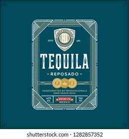 Vector white and gold thin line tequila label isolated on a teal background. Distilling business branding and identity design elements.