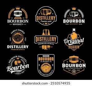 Vector white and gold vintage bourbon whiskey logo isolated on a black background for distillery, bar, pub branding, design and identity