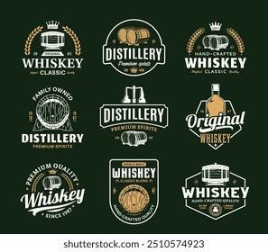 Vector white and gold vintage whiskey logo isolated on a dark green background for distillery, bar, pub branding, design and identity