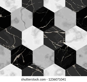 Vector white, gray and black hexagon marble seamless pattern. Repeat stripe marbling surface, modern luxurious chessboard background, luxury wallpaper, textile print and tile.