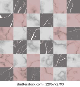 Vector white, gray and pink check marble seamless pattern. Repeat marbling surface, modern luxurious background, romantic luxury wallpaper, textile print and interior tile.