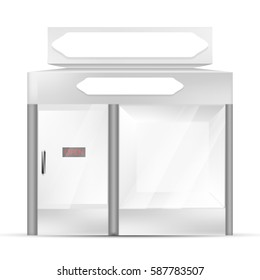 VECTOR: White gray POS POI Outdoor/Indoor 3D shop or Kiosk on Isolated white background. Mock-up template ready for design