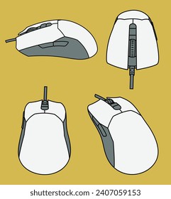 Vector white and gray wired gaming mouse with different angles of view