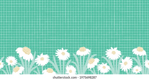 Vector white green daisies mesh seamless pattern