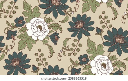 Vector White and green Floral Pattern on Olive Base