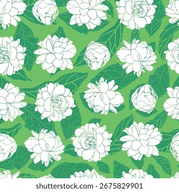Filas de Vector blanco y verde de sambac de jazmín o flor de jazmín árabe monocromo patrón de repetición sin fisuras 01. Adecuado para textiles, Fondo de pantalla y envoltura de regalo.