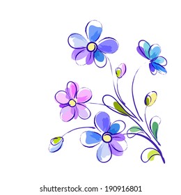 Vector white greeting background with pictorial blue and violet flowers