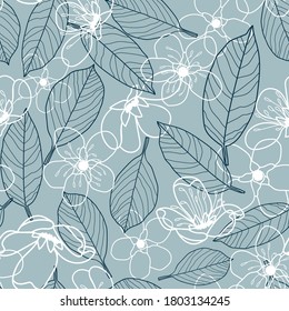 Vector white grey flowers leaves seamless pattern