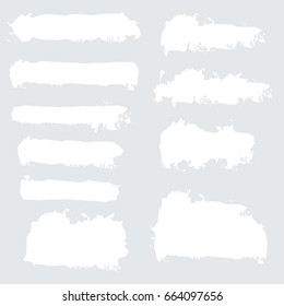 Vector white grunge watercolor, ink texture set of hand painted dry brush splashes, strokes, stains, spots, blots, stripes, lines. Abstract collection of acrylic dirty backgrounds isolated on gray.